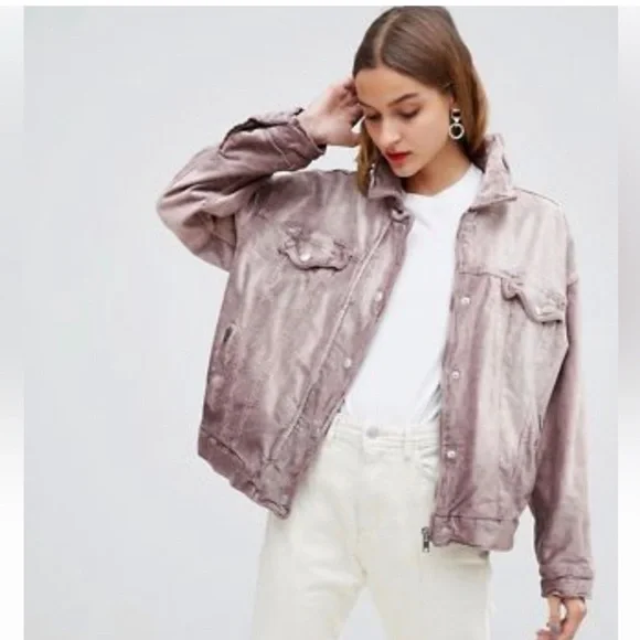 Free People Mauve Velvet Trucker Bomber Jacket Dusty Rose Oversized womens SZ XS - Picture 3 of 16